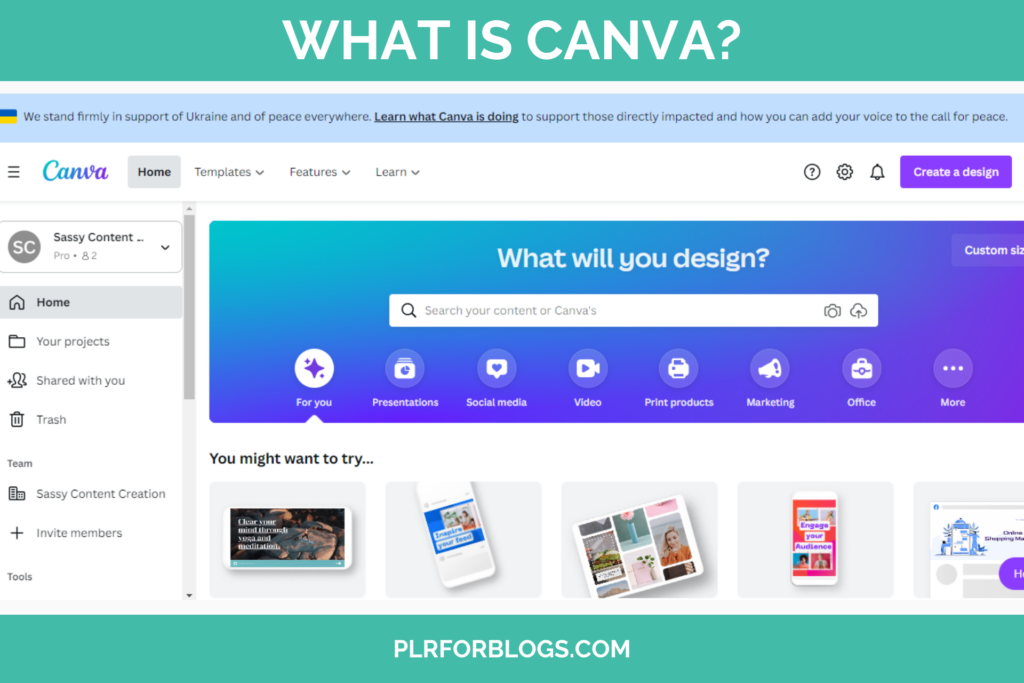 A screenshot of the main home screen for Canva